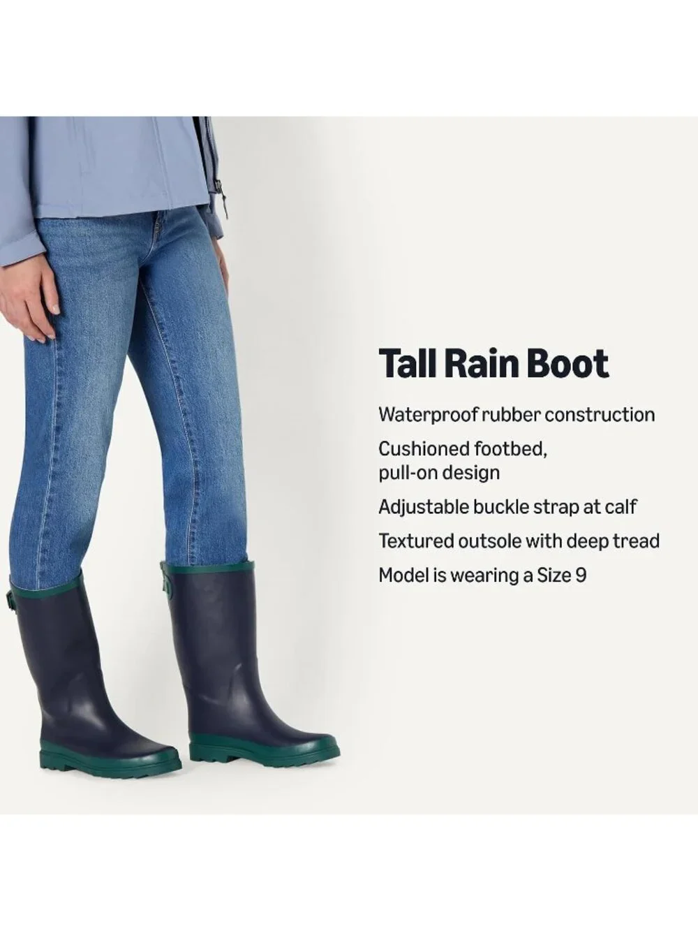Women's Navy Waterproof Adjustable Buckle Classic Outsole Knee High Rain Boot
